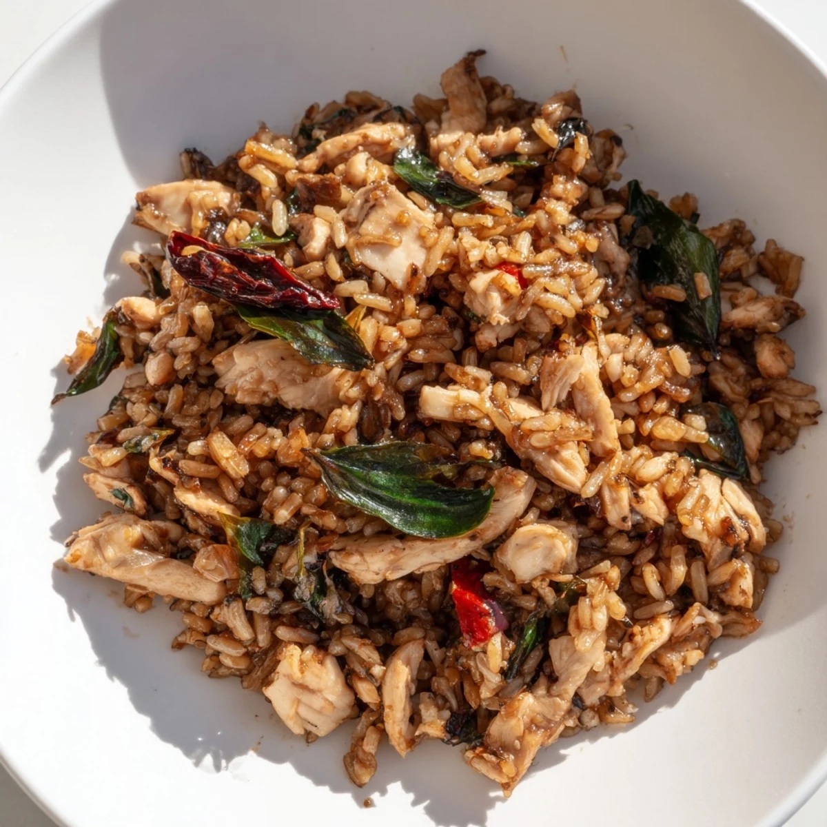 A close-up of Thai Basil Chicken Fried Rice with tender chicken pieces, vibrant red chilies, and fresh holy basil leaves.