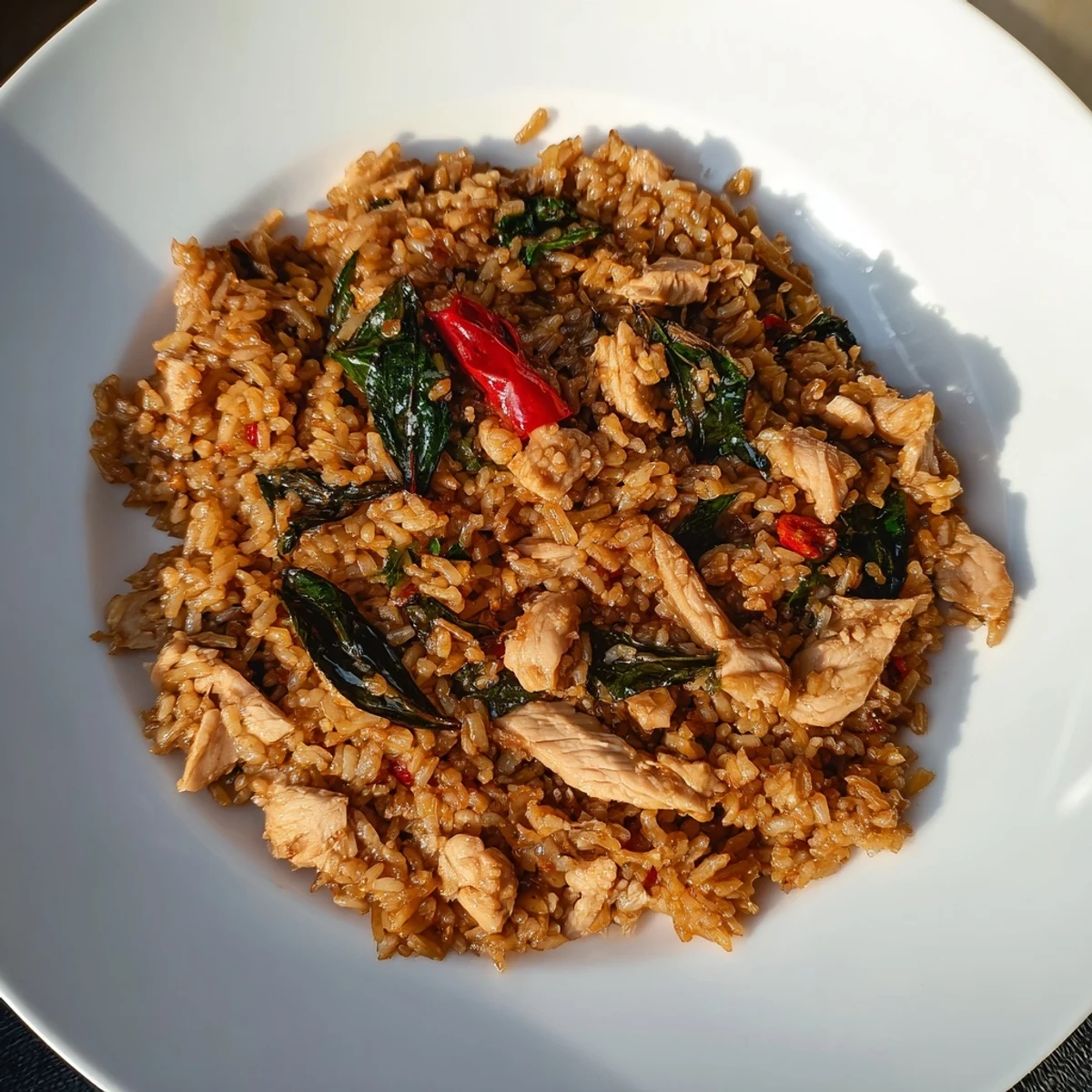 Golden Thai Basil Chicken Fried Rice served in a wok with lime wedges and sliced cucumber on the side.