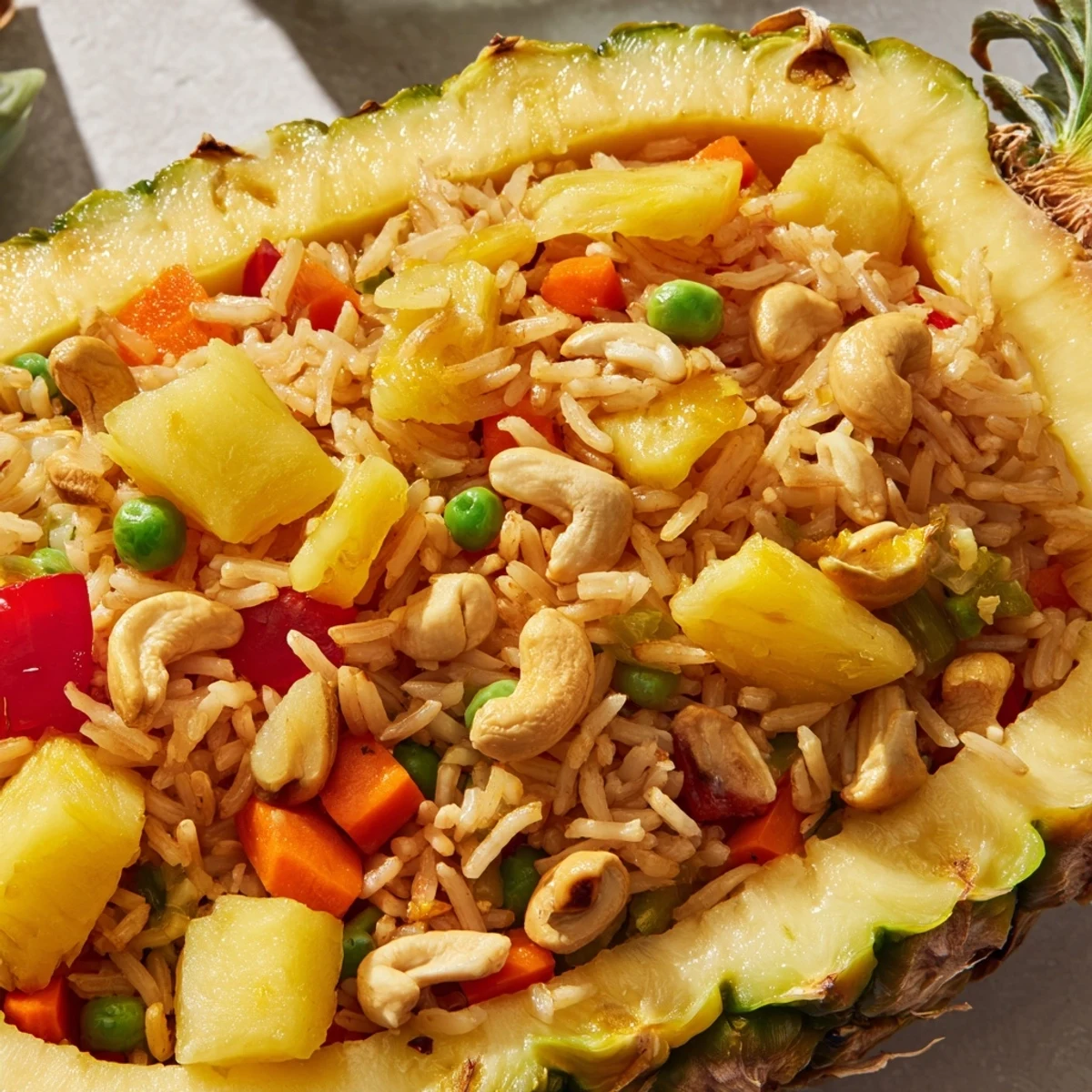 Brightly colored Pineapple Fried Rice with sweet fruit, crunchy cashews, and peas, served inside a carved pineapple shell and garnished with lime and cilantro.