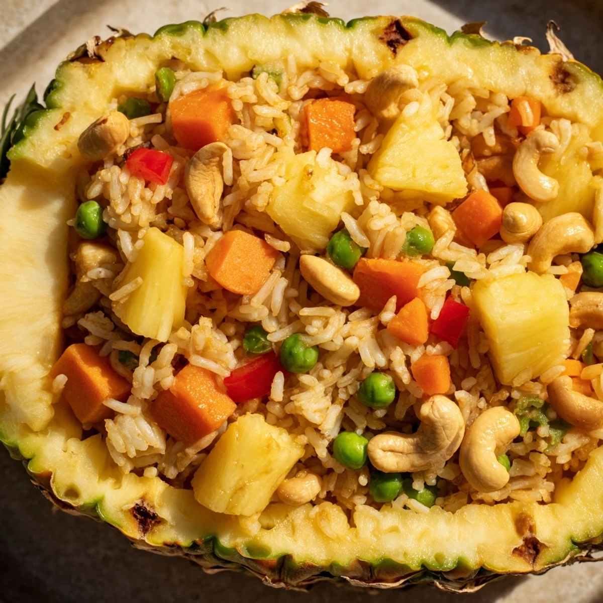 Golden pineapple fried rice with fluffy jasmine grains, sweet raisins, and colorful vegetables, presented in a tropical pineapple bowl with fresh cilantro and lime wedges.