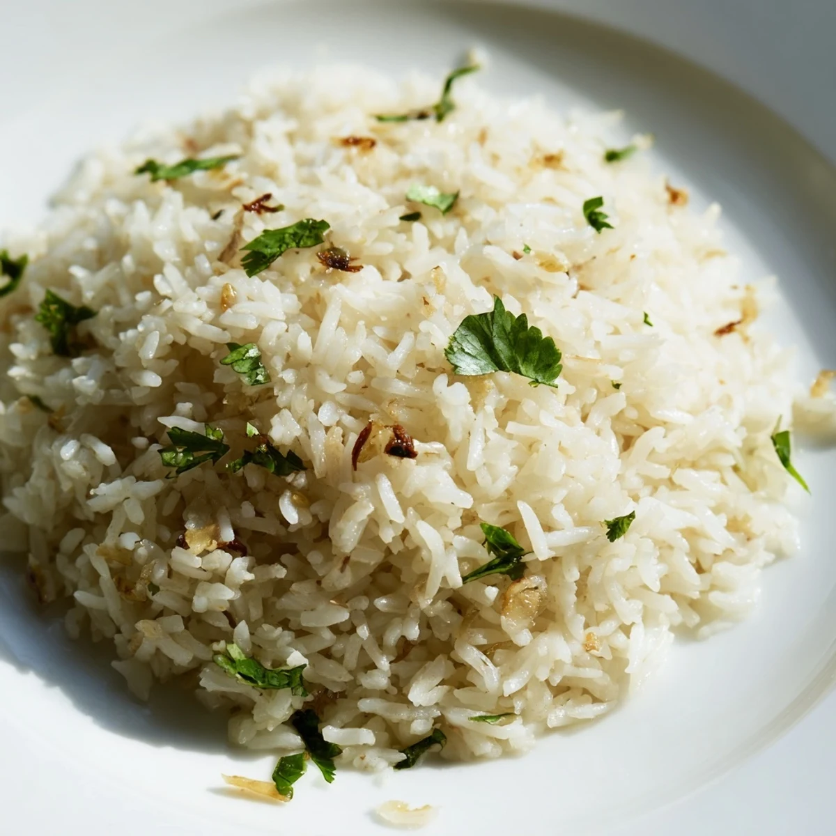 Fluffy jasmine rice with aromatic garlic oil, a fragrant vegan side dish perfect with stir-fries.  