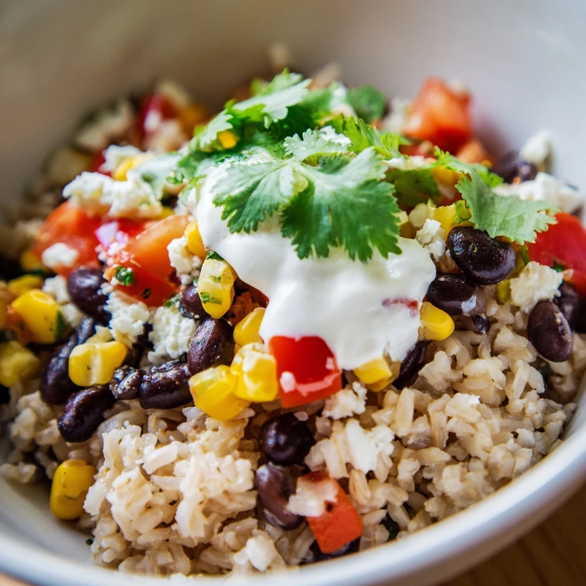 Close-up of a Brown Rice Burrito Bowl with brown rice, beans, peppers, corn, tomatoes, cheese, and fresh cilantro garnish.