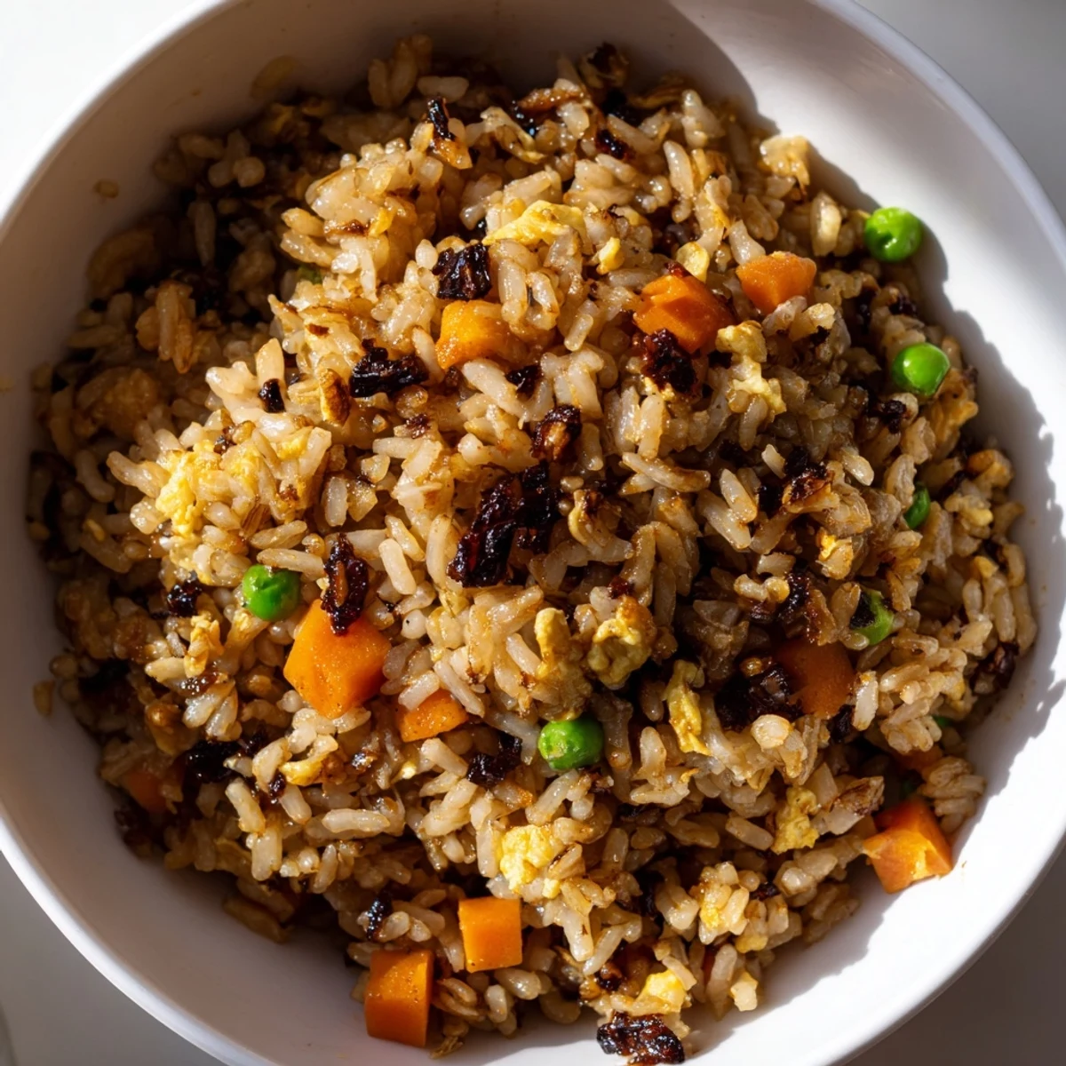 A close-up of Black Garlic Fried Rice, showcasing fluffy grains infused with deep umami and savory soy sauce, garnished with fresh scallions.  
