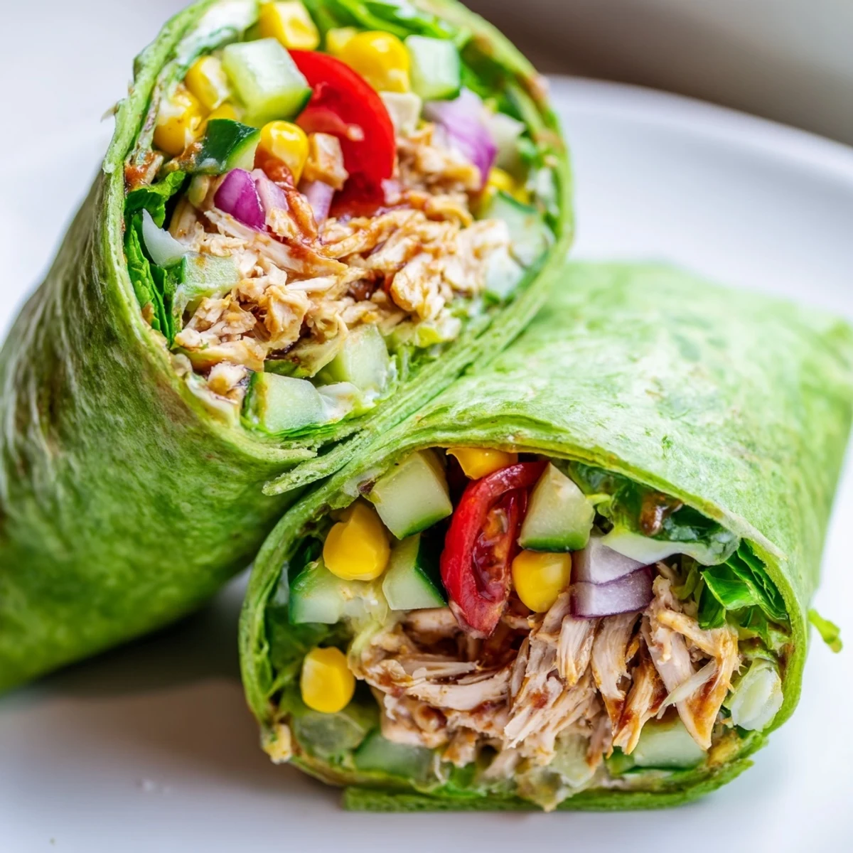 Fresh spinach tortillas wrapped tightly around a smoky BBQ chicken salad, dotted with crisp romaine, cherry tomatoes, and corn for a colorful lunch.