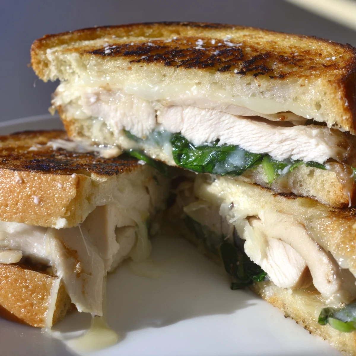 Golden-brown Grilled Chicken Spinach Panini on rustic bread, revealing melted mozzarella and fresh spinach when sliced open.