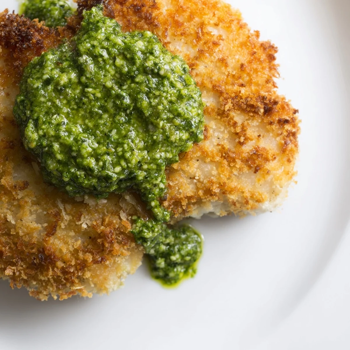 Crispy Pesto Chicken Cutlets feature golden-brown, pan-fried chicken breasts topped with vibrant green basil pesto and fresh herbs.