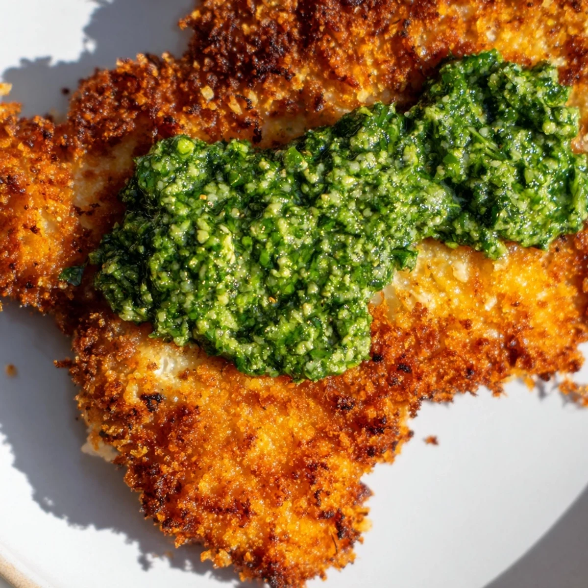 Golden, Parmesan-crusted Crispy Pesto Chicken Cutlets plated with a generous dollop of pesto, ready for a delicious weeknight meal.