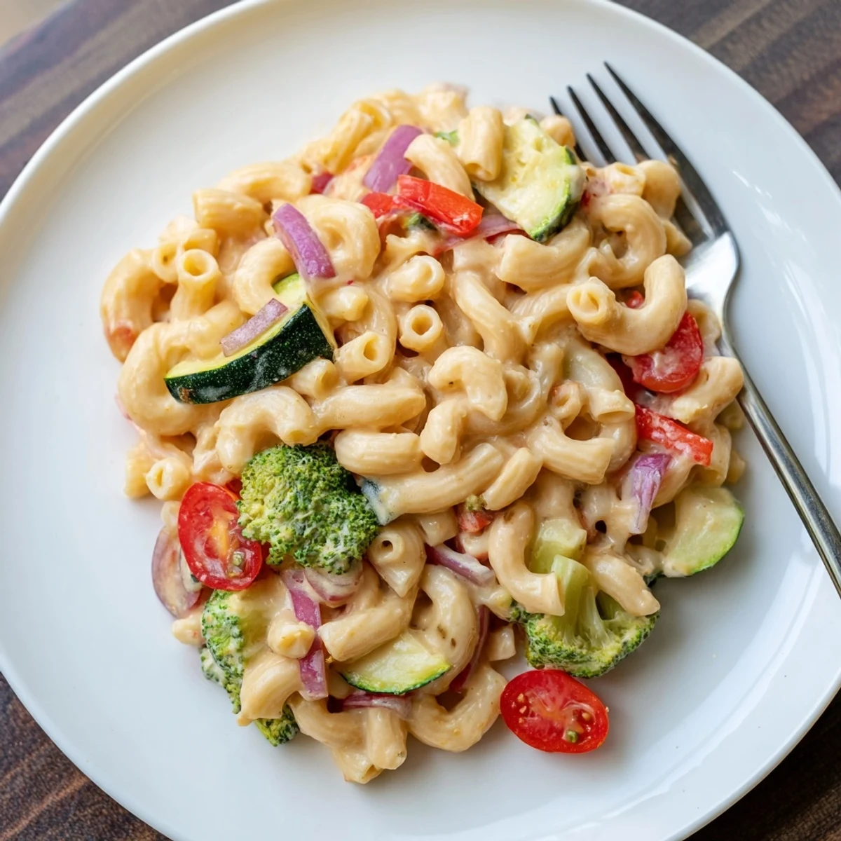 Tender macaroni and roasted vegetables in a creamy cheddar sauce, topped with extra Parmesan in a white bowl.
