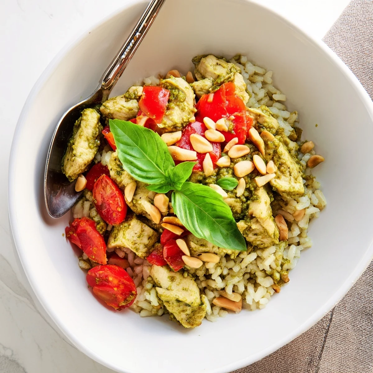 A close-up of a Chicken Pesto Rice Bowl with golden, pesto-coated chicken and vibrant diced tomatoes on fluffy rice.