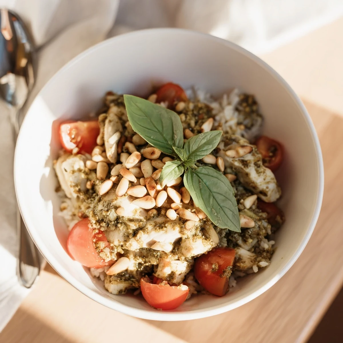 Hearty Chicken Pesto Rice Bowl with tender basil chicken, fresh tomatoes, and pine nuts, served warm in a rustic ceramic bowl.