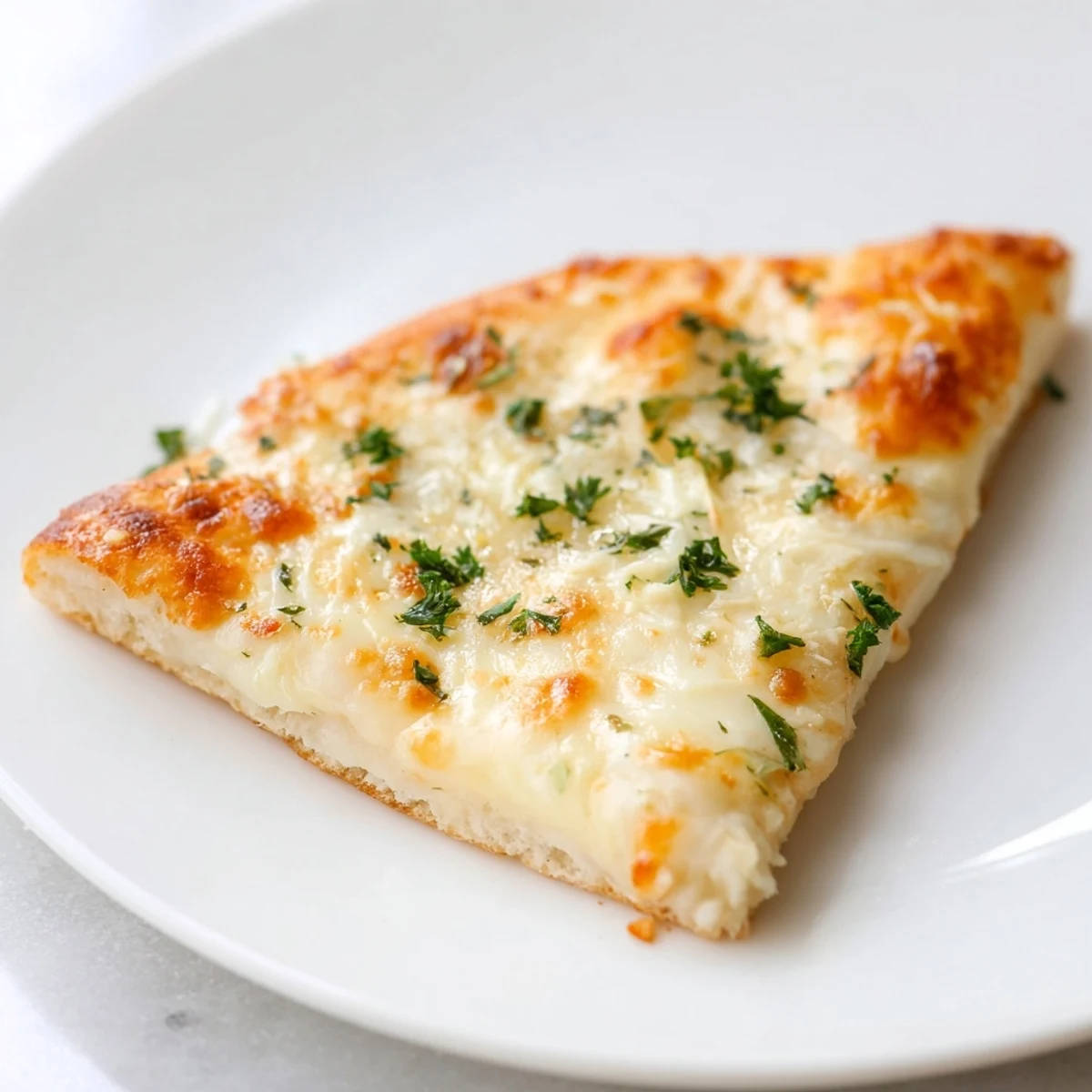 Golden-brown Creamy Garlic White Pizza on a wooden board, with bubbly mozzarella, specks of fresh parsley, and a crispy crust edged in olive oil.