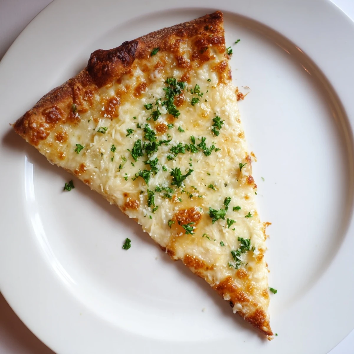 A close-up view of Creamy Garlic White Pizza, showcasing the velvety white garlic cream sauce and generous layers of melted, stringy mozzarella cheese.