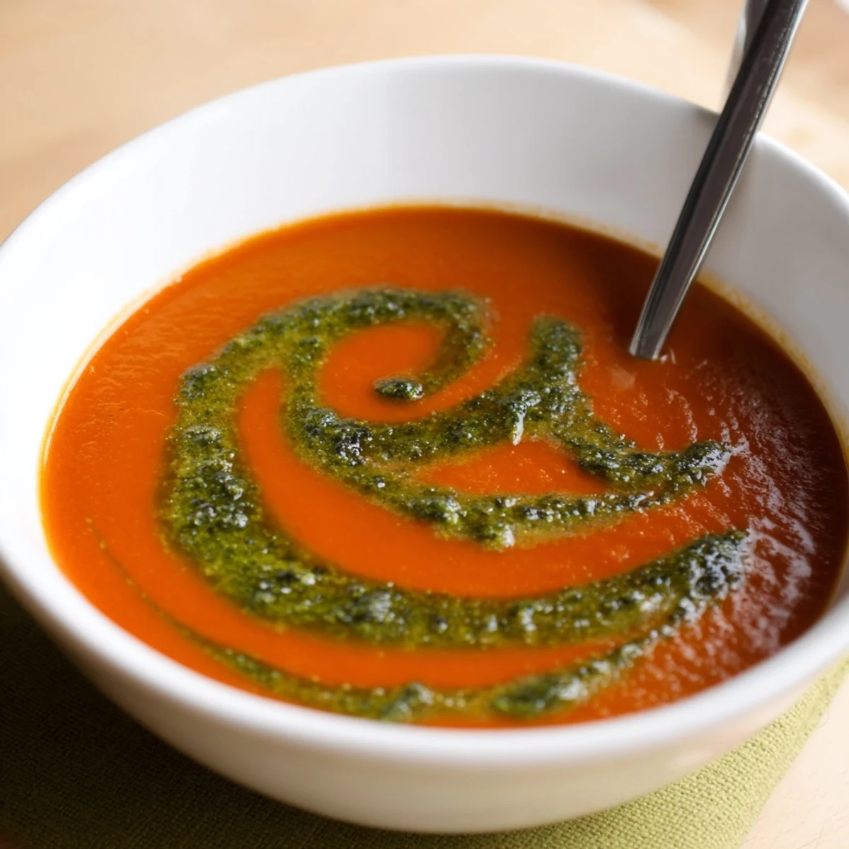 A bowl of creamy tomato soup with basil pesto swirl garnished with fresh basil leaves.  