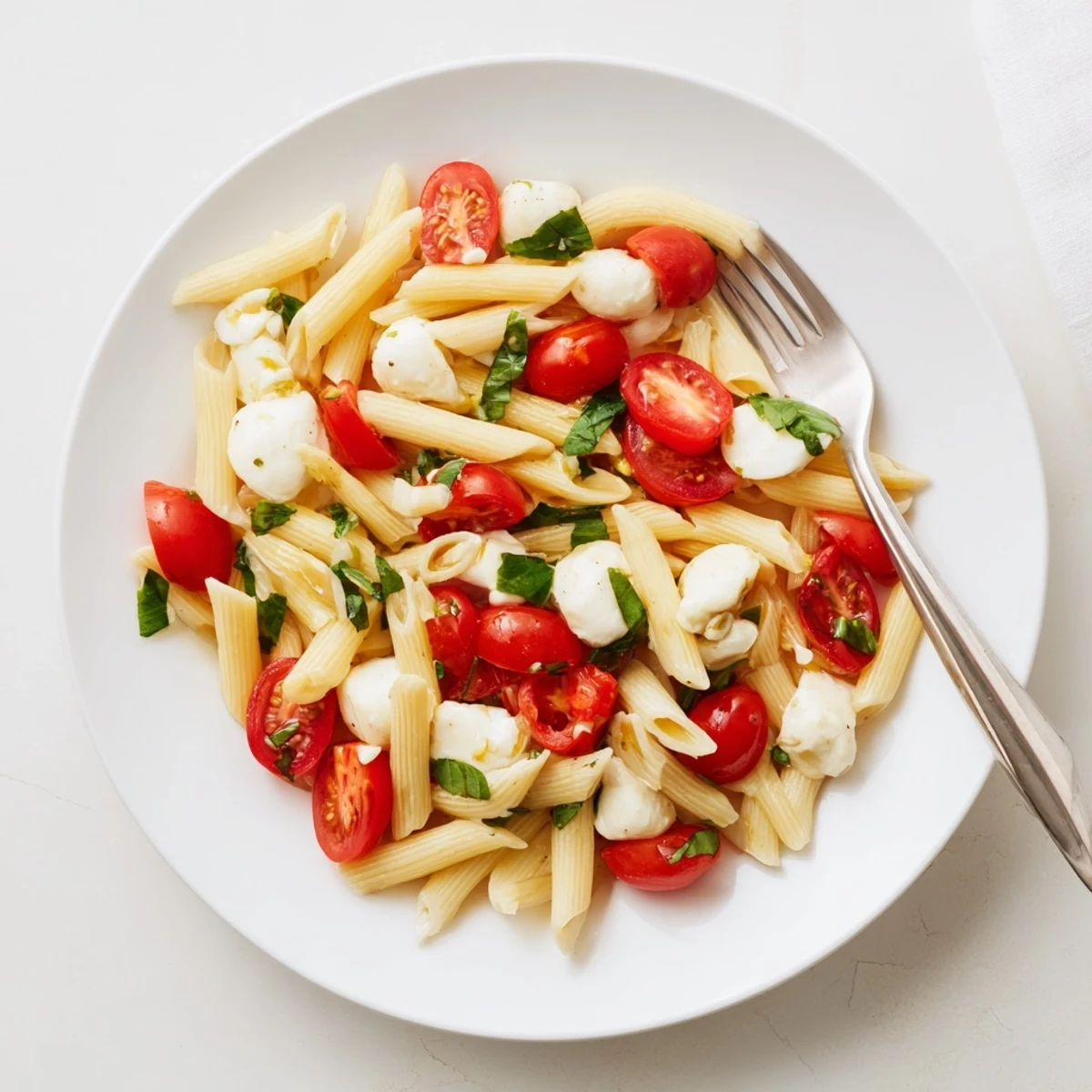 Juicy cherry tomatoes and creamy mozzarella pearls shine in this vibrant Caprese Salad Pasta, tossed with fresh basil and olive oil.  
