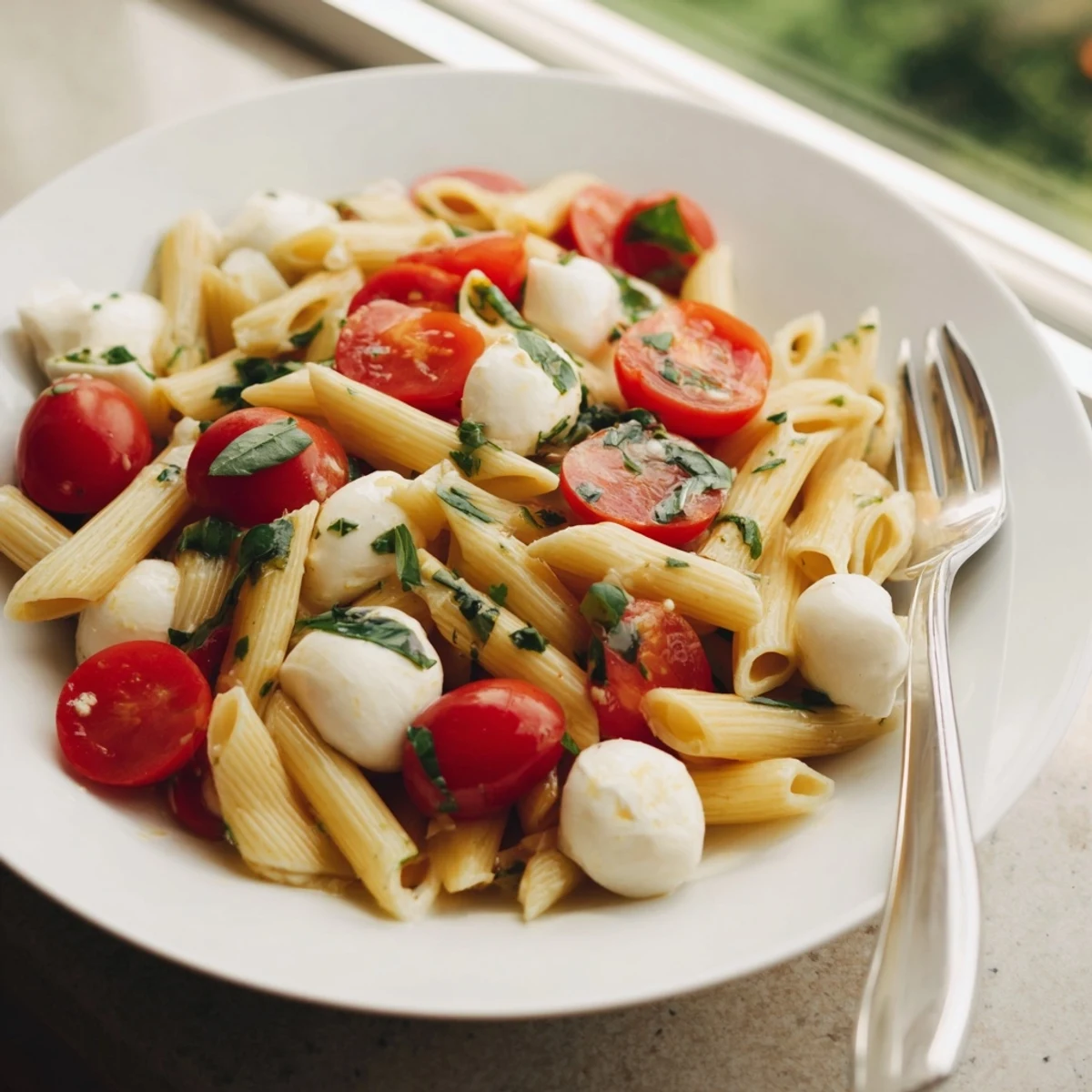 A close-up shows al dente fusilli pasta mingling with colorful tomatoes, fresh basil, and glistening olive oil in a bright kitchen.  