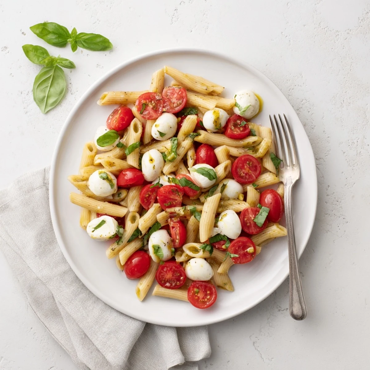 Serve this Caprese Salad Pasta warm or chilled as a refreshing summer main dish, drizzled with balsamic glaze and garnished with basil.