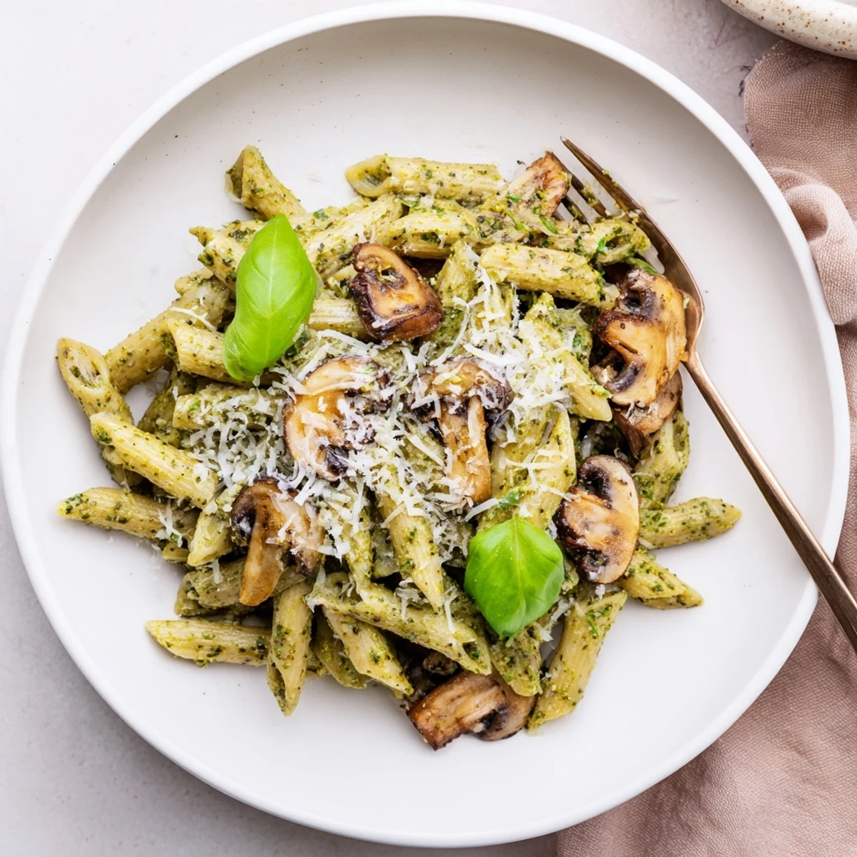 Sautéed cremini mushrooms tossed with al dente pasta in a rich, homemade basil pesto cream sauce for a comforting meal.