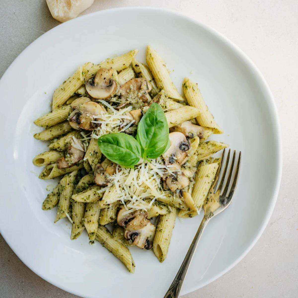 Golden mushrooms and penne pasta in a vibrant green pesto sauce, topped with fresh basil and grated Parmesan cheese.