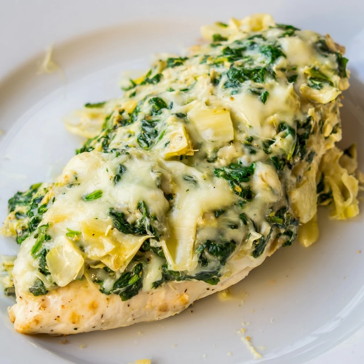 Golden-brown, bubbly spinach and artichoke chicken bake served fresh from the oven, melting cheese on tender breasts.  