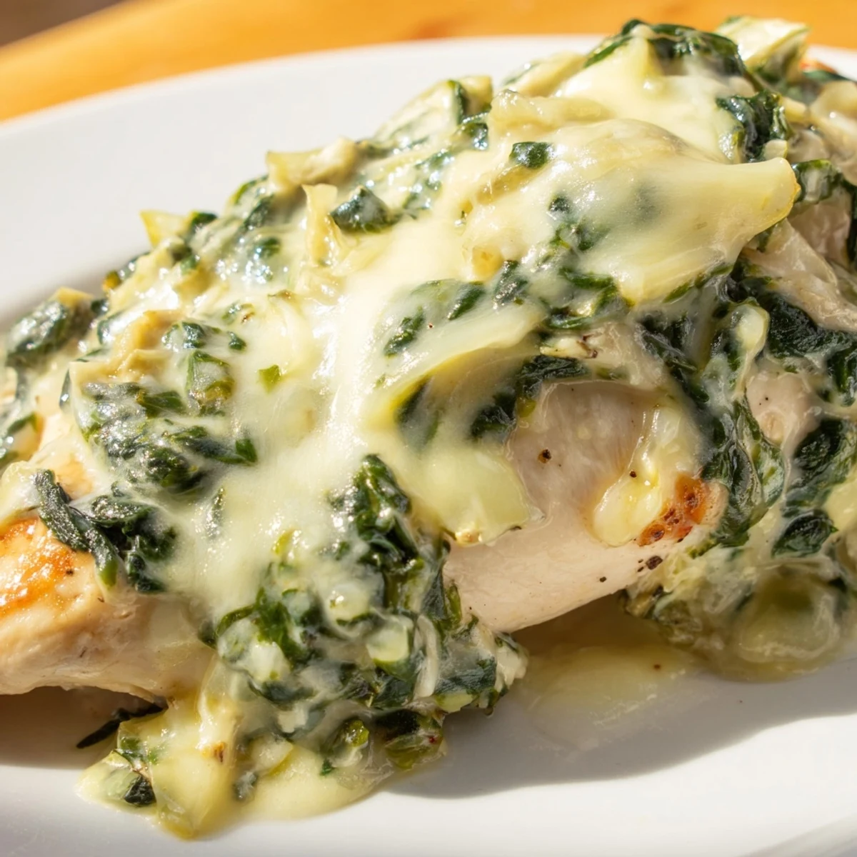 Easy weeknight spinach and artichoke chicken bake resting on a plate beside a fresh green salad.