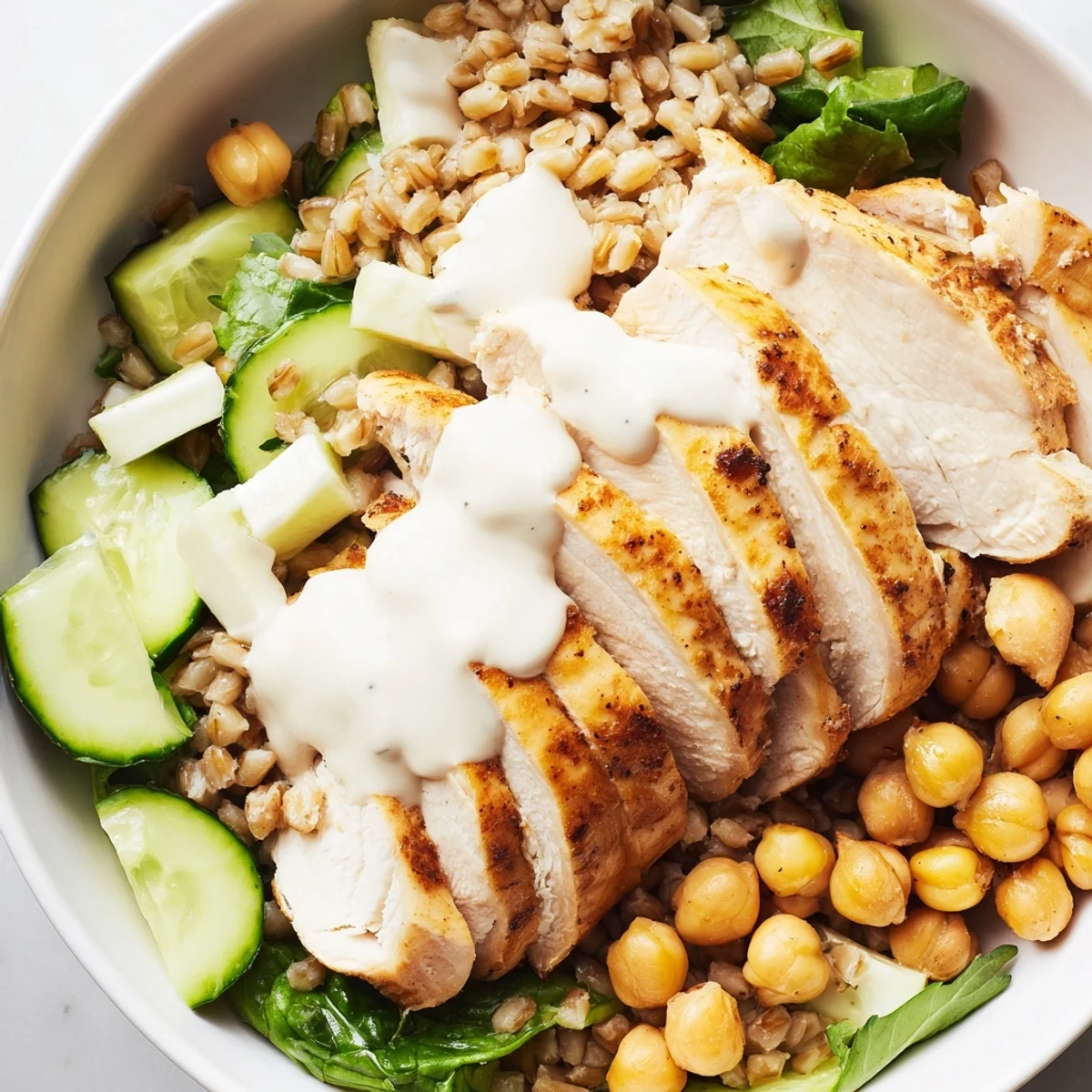 Sliced roasted chicken, farro, crisp veggies, and crispy chickpeas topped with lemon-tahini sauce in this vibrant Lemon Tahini Chicken Power Bowl.