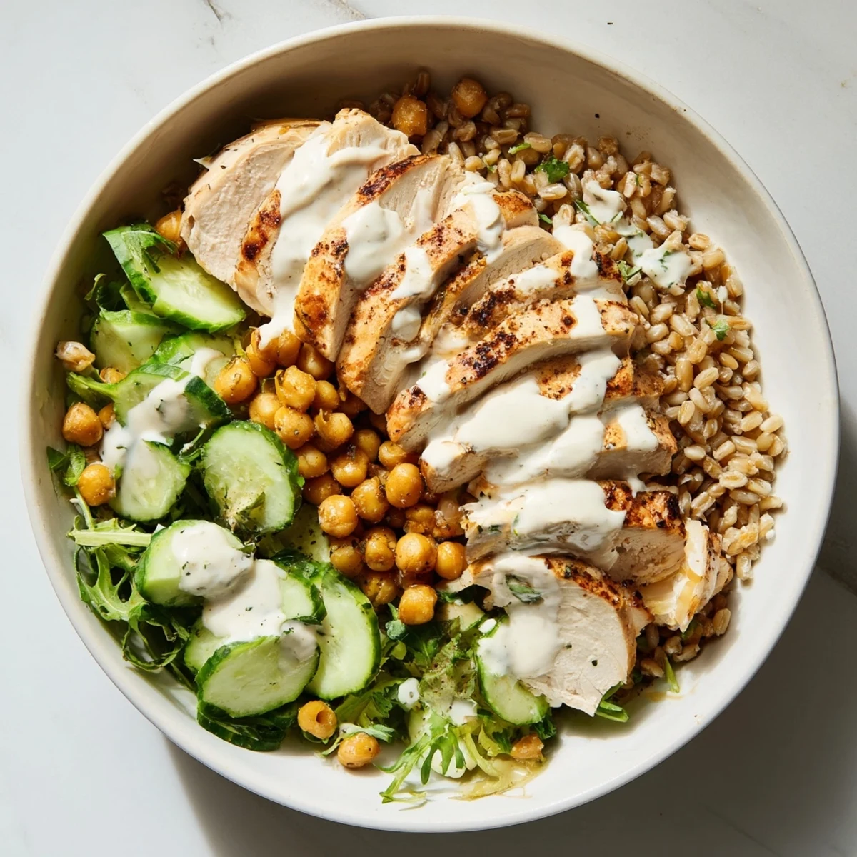 Close-up of Lemon Tahini Chicken Power Bowl featuring juicy chicken, fresh tomatoes, cucumber, and a creamy lemon tahini dressing.