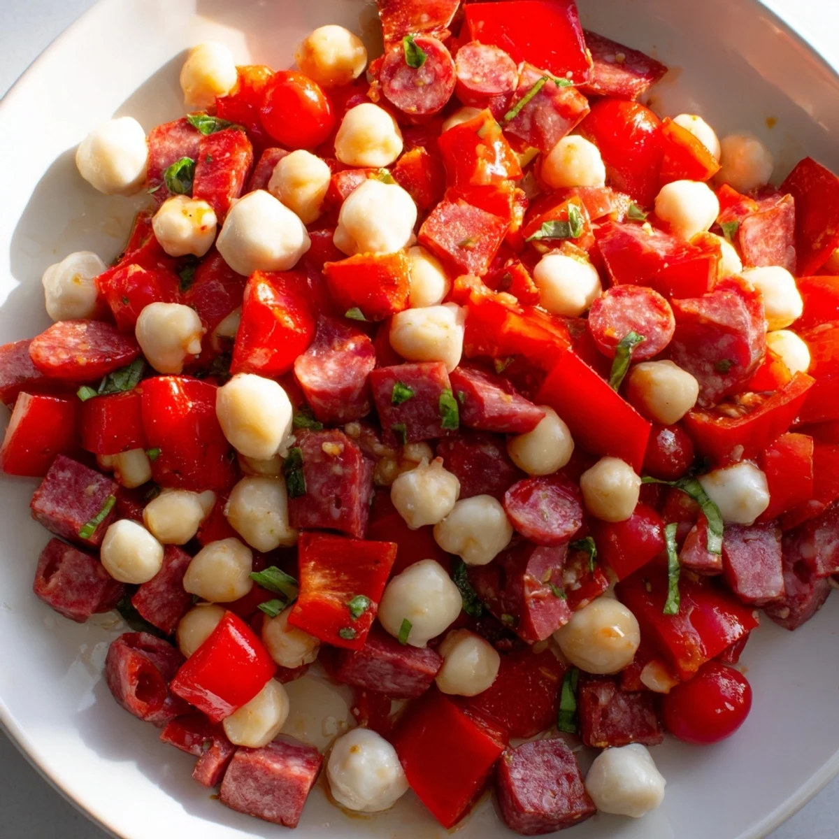 A vibrant Crunchy Antipasto Chopped Salad with chickpeas, salami, and mozzarella, tossed in Italian dressing.