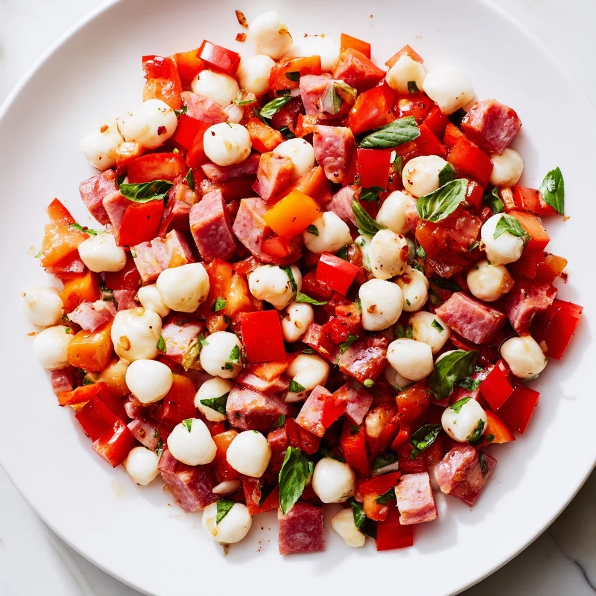 Freshly tossed Crunchy Antipasto Chopped Salad served in a white bowl, ready for a healthy lunch.