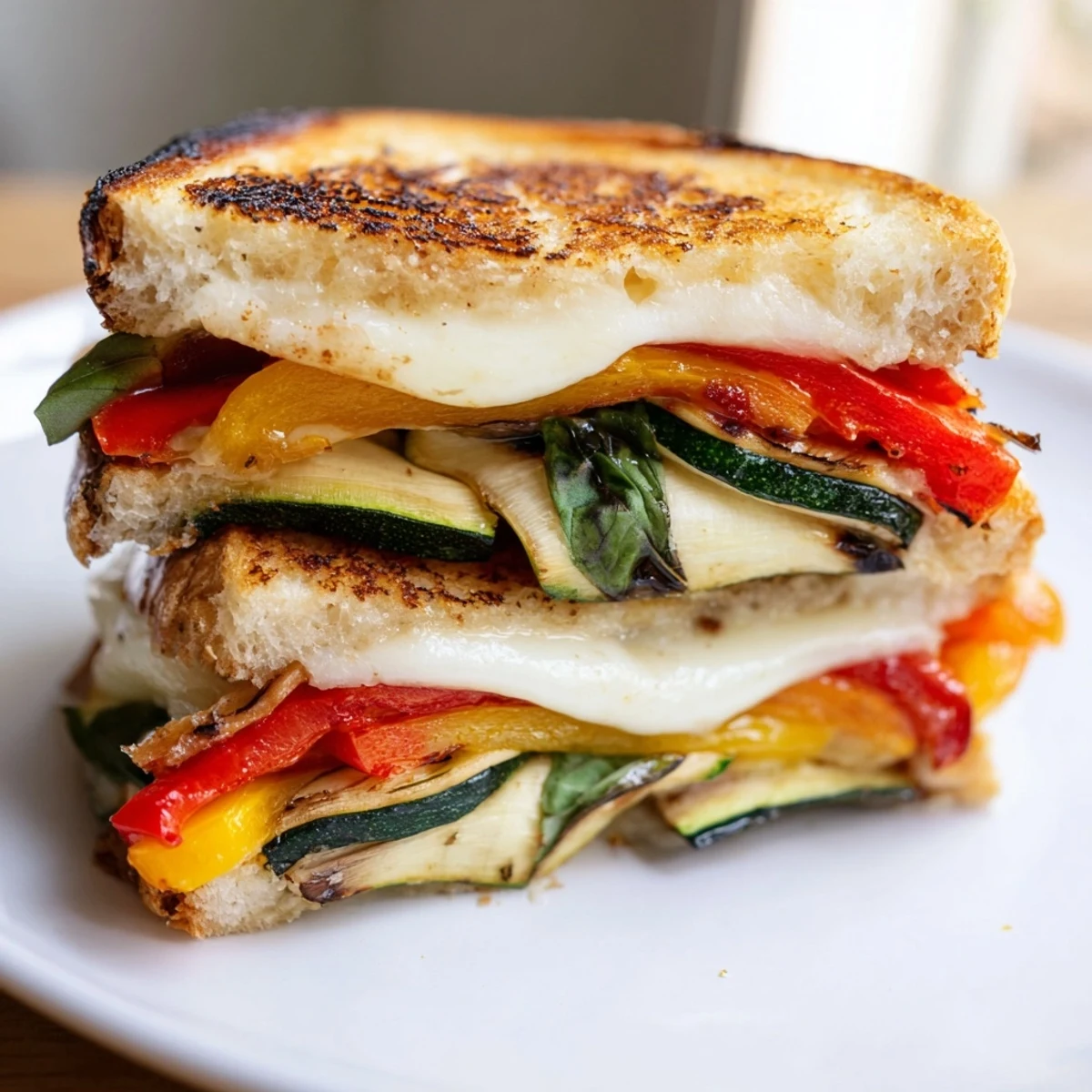 Golden, crispy sourdough slices stuffed with roasted zucchini, sweet peppers, melted mozzarella, fresh tomatoes, and basil.