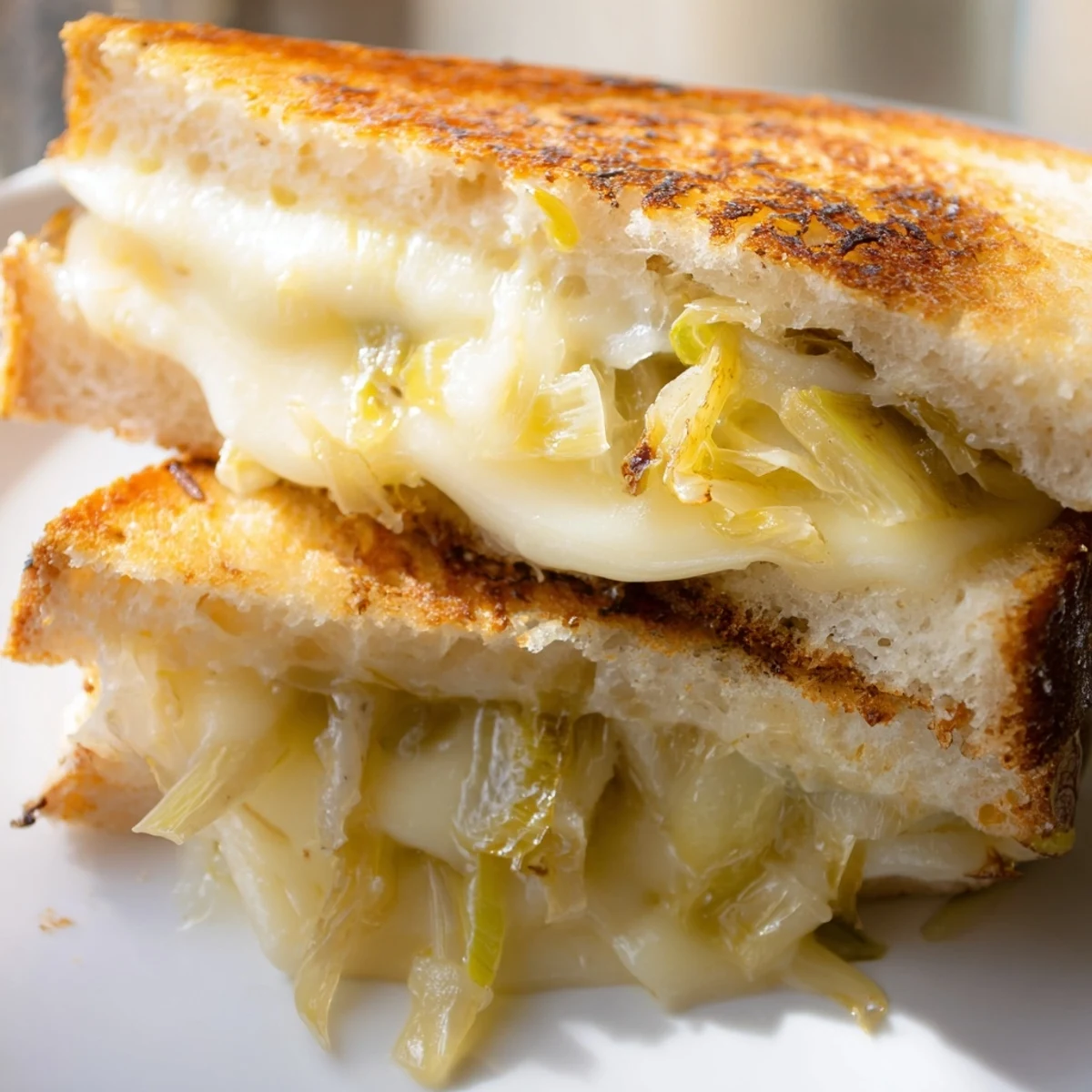 Close-up of Havarti & Caramelized Leek Grilled Cheese, showing golden-brown sourdough slices with melted cheese oozing from the edges.