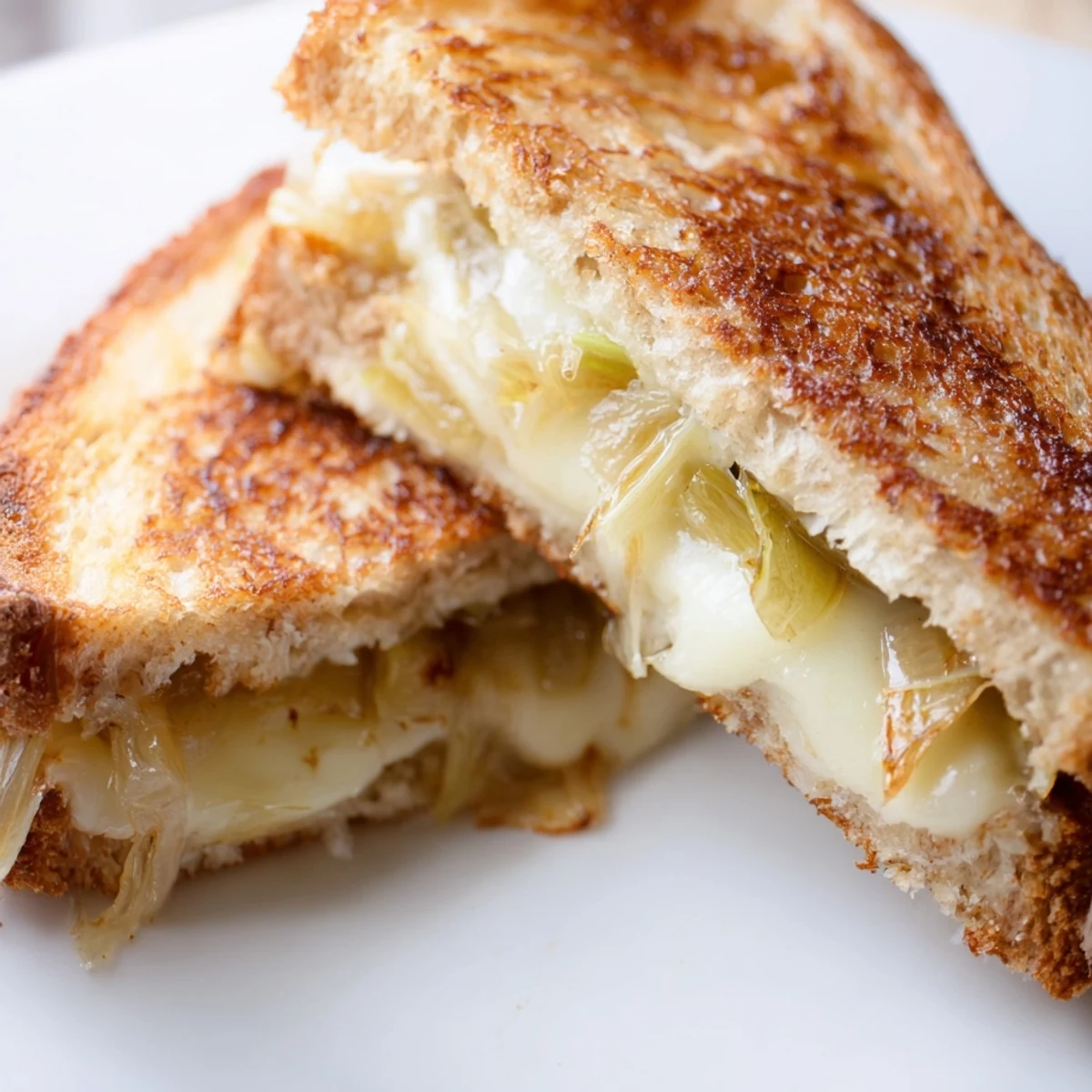 Golden, buttery Havarti & Caramelized Leek Grilled Cheese sandwich, sliced diagonally to reveal sweet leeks and creamy, melted cheese.