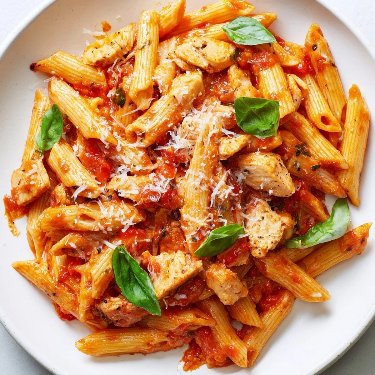 A close-up of Tomato Basil Chicken Pasta, with golden chicken and al dente penne coated in a vibrant red tomato-basil sauce.