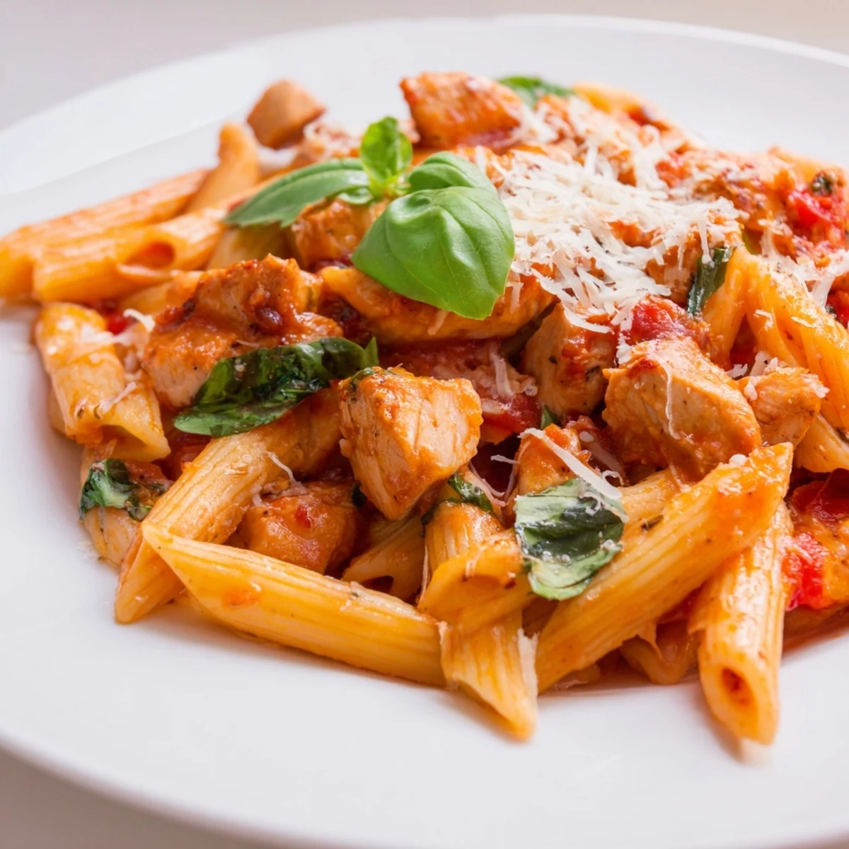 Steaming bowl of Tomato Basil Chicken Pasta, garnished with fresh basil leaves and a sprinkle of grated Parmesan cheese.