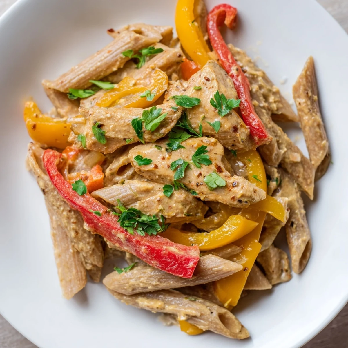 A light skillet of Cajun chicken pasta with bell peppers, creamy sauce, and al dente whole wheat penne, ready for a weeknight dinner.  