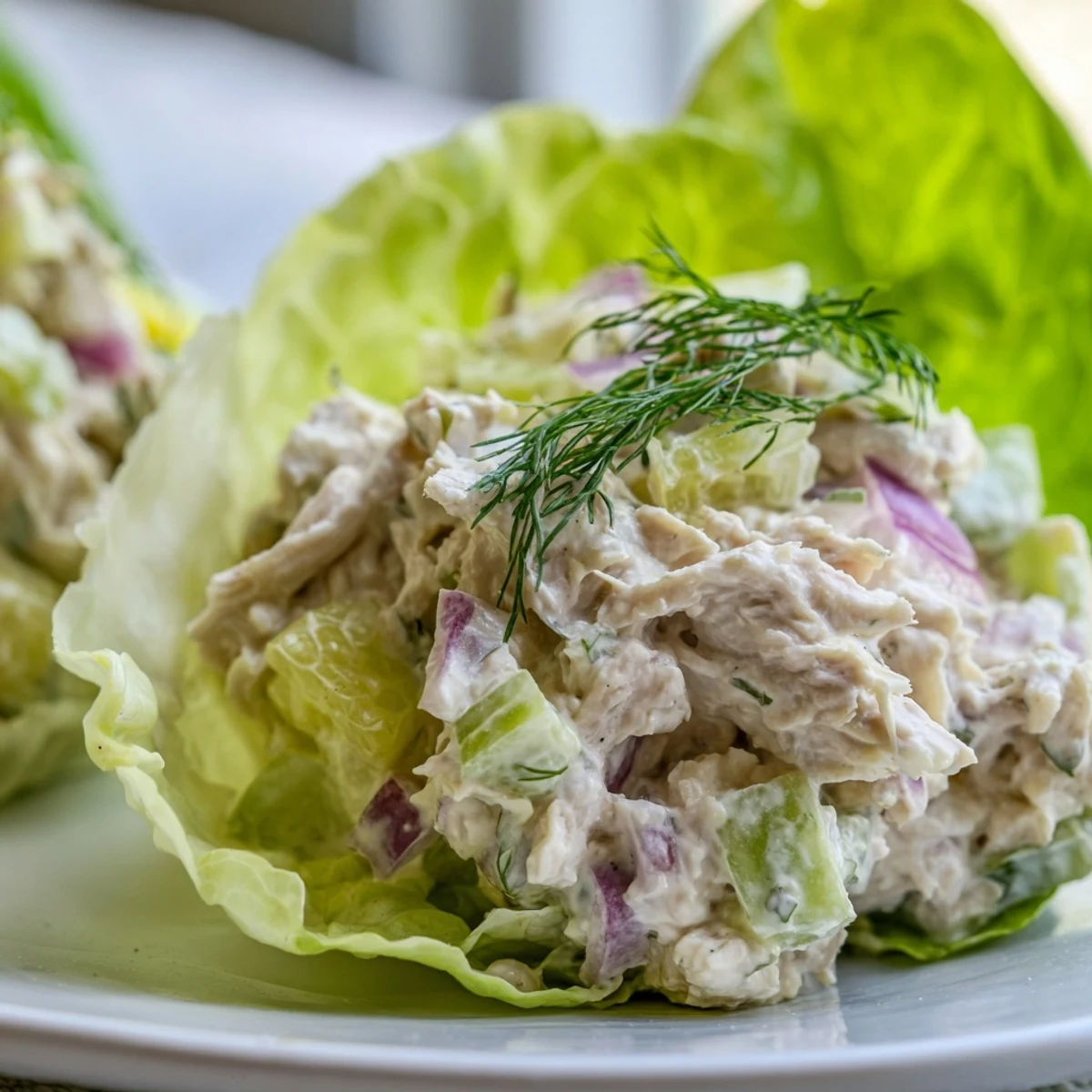 Fresh Dill Pickle Chicken Salad Lettuce Cups filled with creamy chicken, chopped pickles, and red onion on crisp butter lettuce leaves.