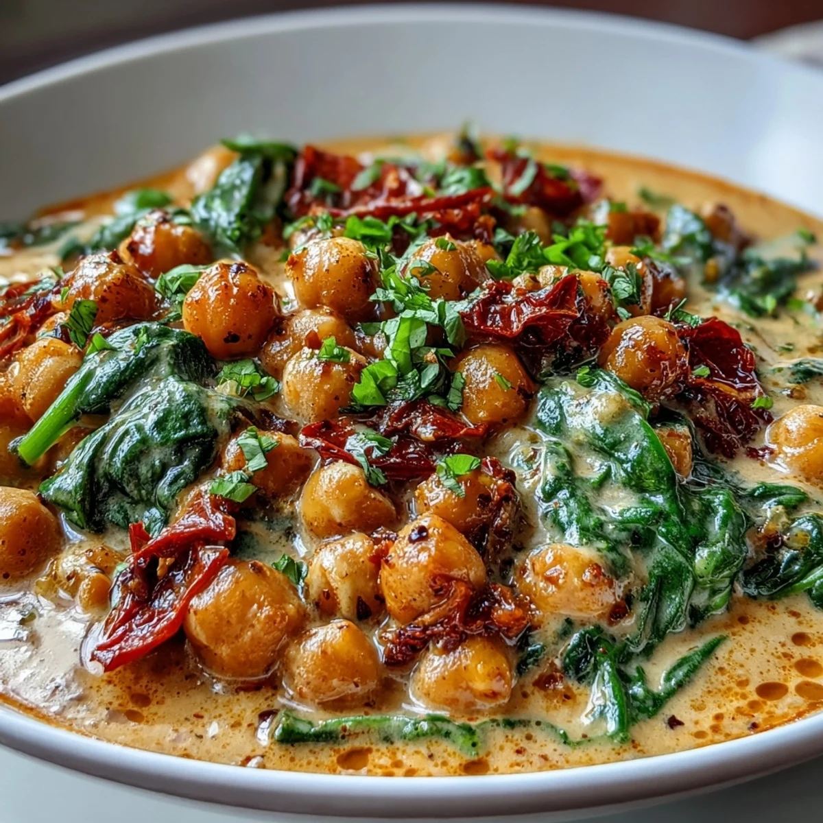 Creamy Chickpea Curry simmering in a skillet, with tender chickpeas, fresh spinach, and cilantro garnish over steamed rice.