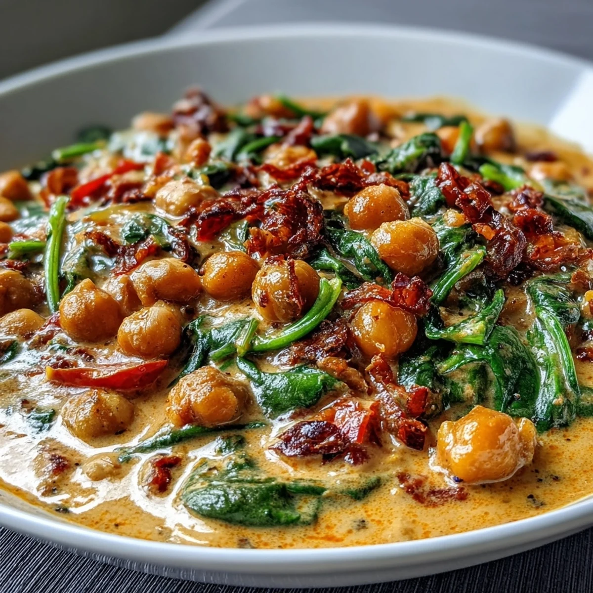 A close-up of golden Chickpea Curry in a shallow bowl, lime wedges and fluffy basmati rice on the side.