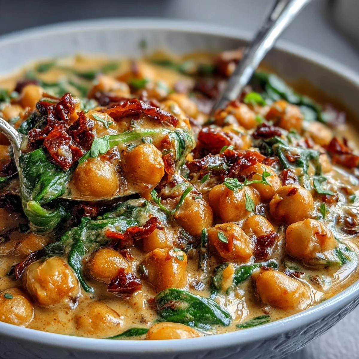 Hearty vegan Chickpea Curry in a white bowl, vibrant with spices and served with a spoon and warm naan.