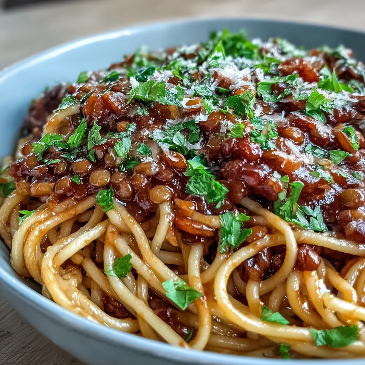 Rich, savory Lentil Bolognese simmering in a pan, ready to be served with pasta.