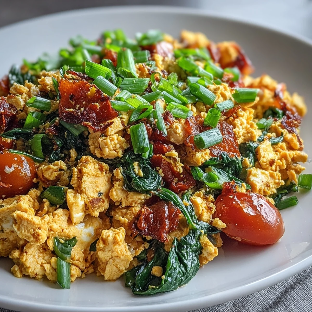 Golden, spiced Tofu Scramble with vibrant red bell peppers, diced tomatoes, and fresh spinach in a skillet.
