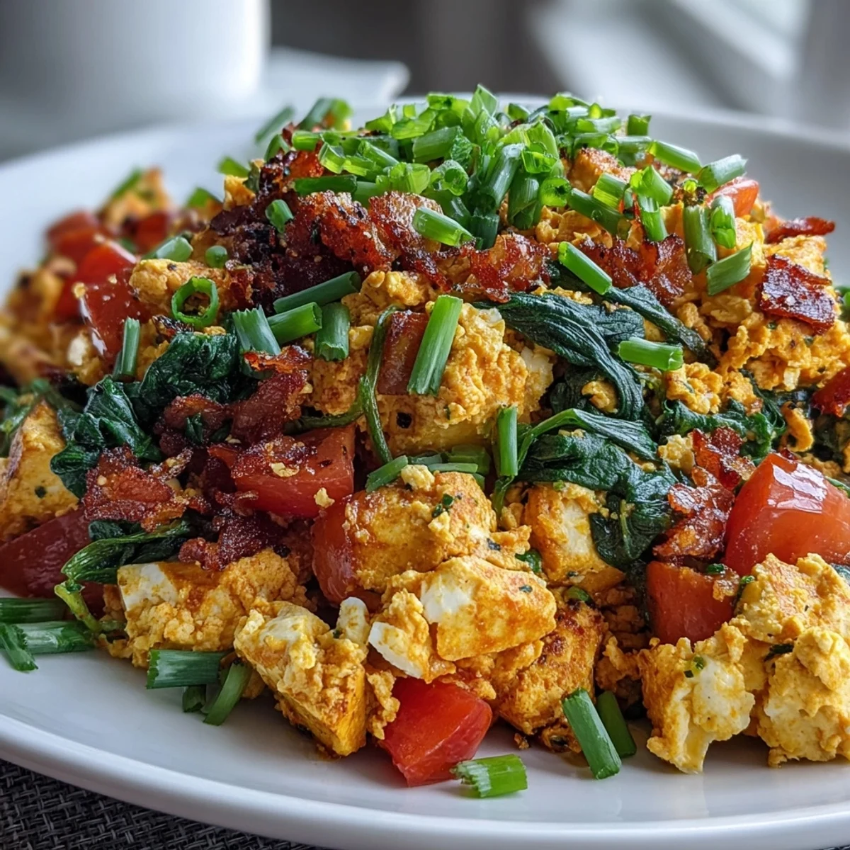 Fluffy, plant-based Tofu Scramble topped with chives, featuring a colorful mix of vegetables and a creamy, protein-rich texture.