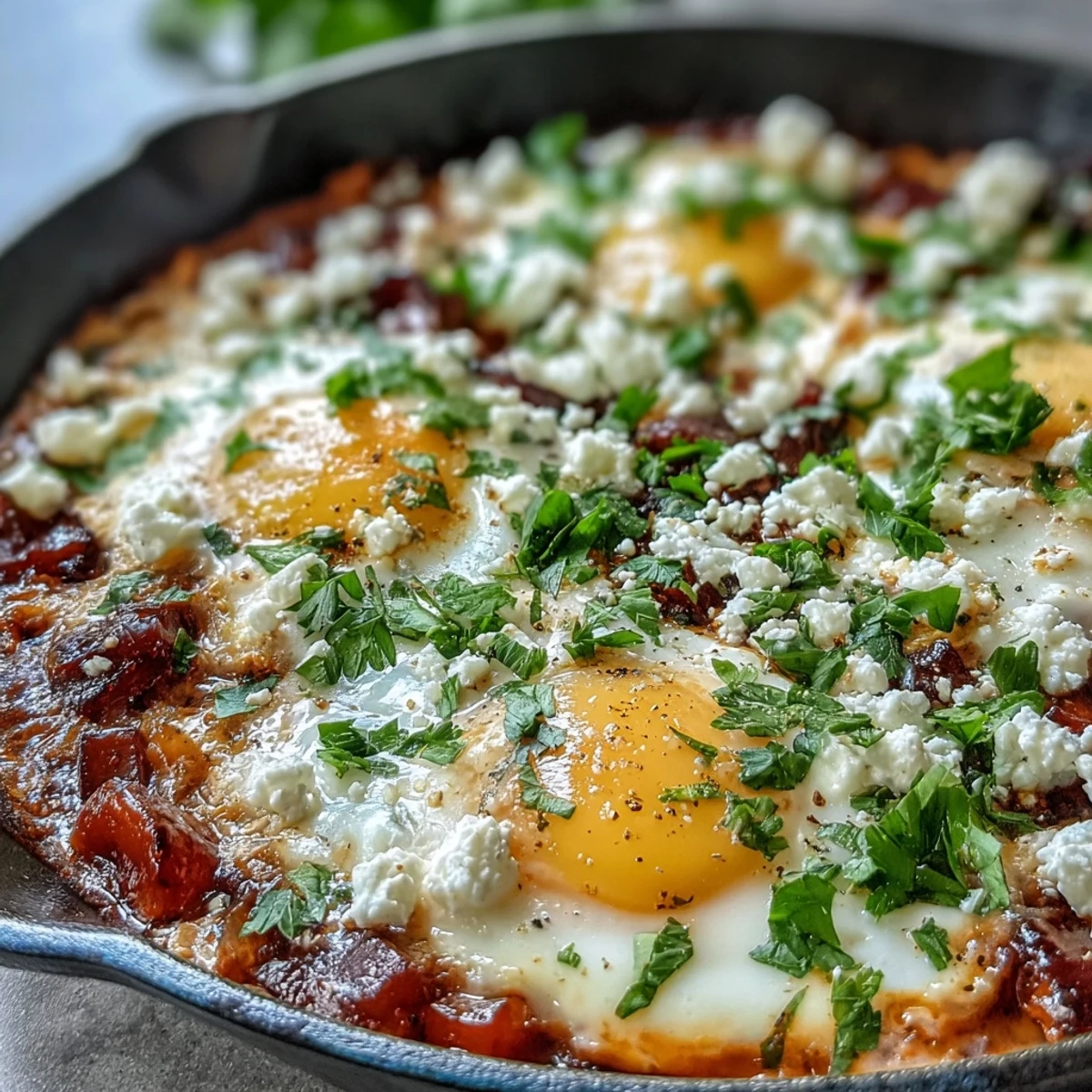 A close-up view of shakshuka shows runny egg yolks in a rich tomato-pepper sauce, ready to be scooped up with crusty bread.
