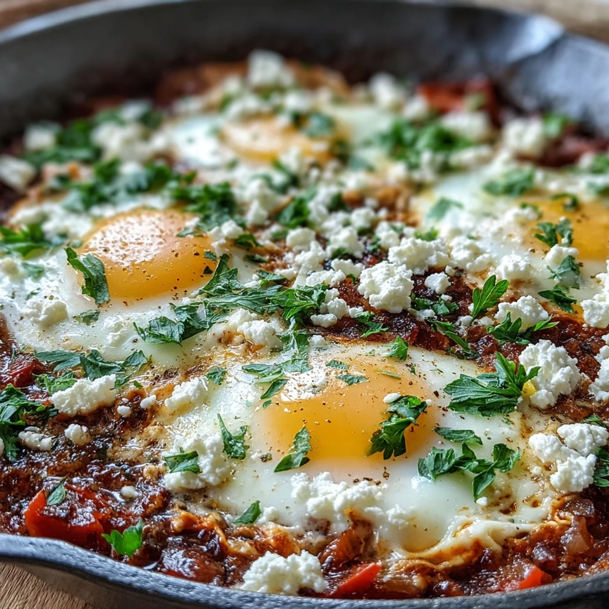 A vibrant skillet of shakshuka features a hearty, spiced tomato sauce with perfectly poached eggs, topped with fresh herbs for a savory breakfast.