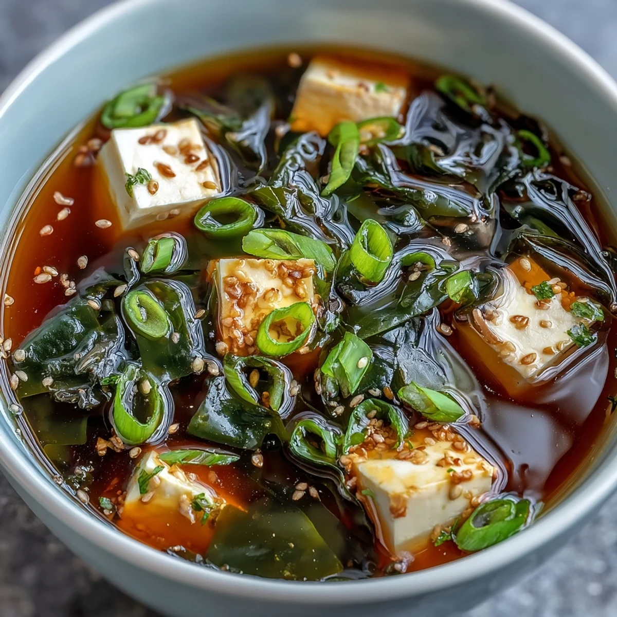 Sliced green onions garnish this warm, savory miso soup, a comforting Japanese classic ready in minutes.  