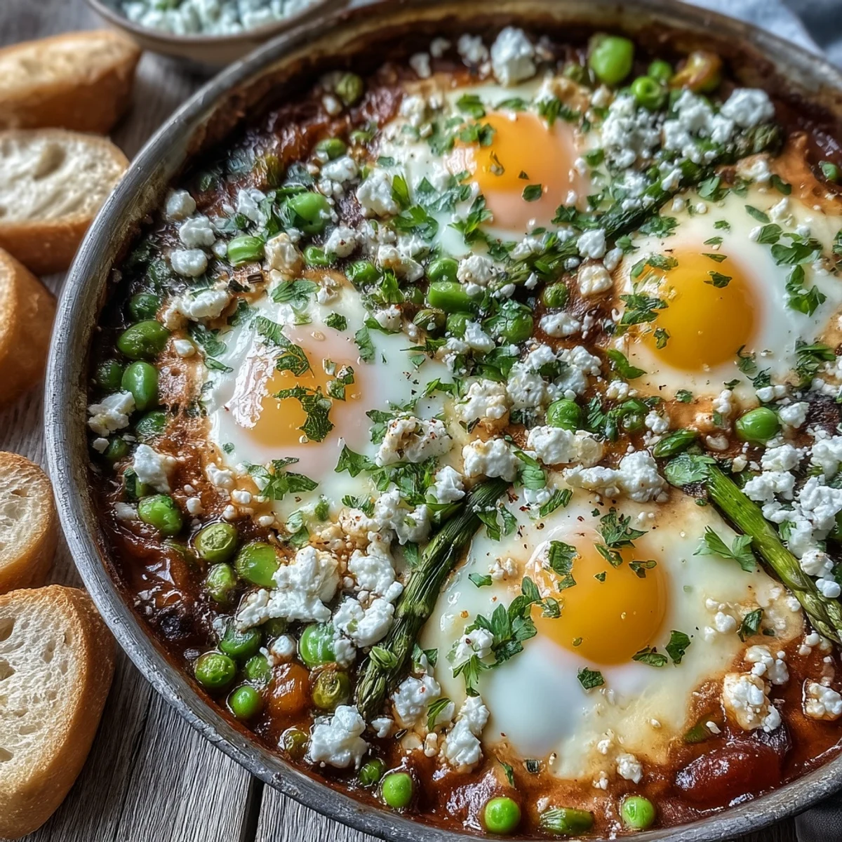 Vibrant Pea and Broad Bean Shakshuka simmering in a red tomato sauce with runny eggs, topped with crumbled feta and fresh herbs.