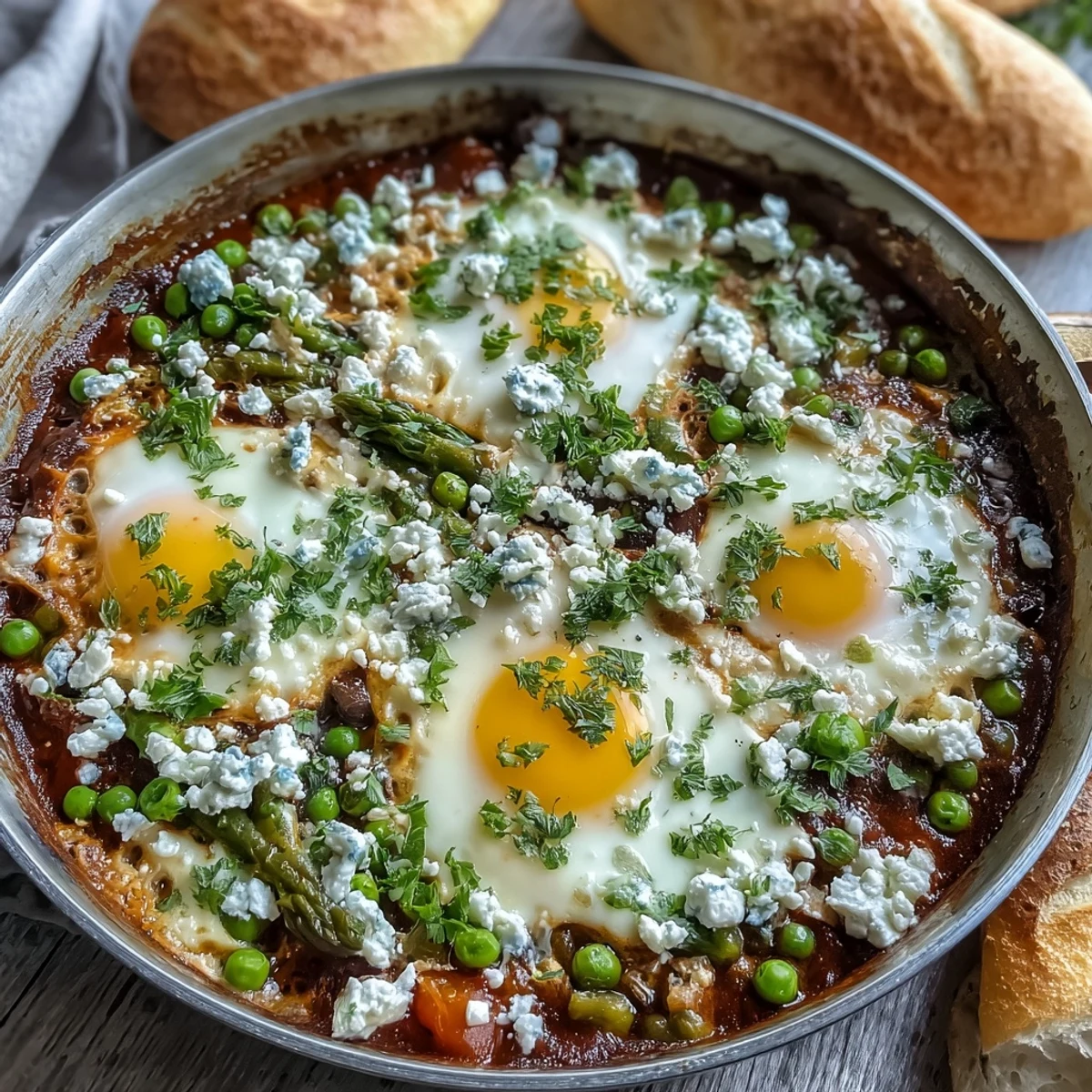 A close-up of Pea and Broad Bean Shakshuka featuring asparagus and peas nestled in a spiced tomato sauce, ready to scoop with bread.