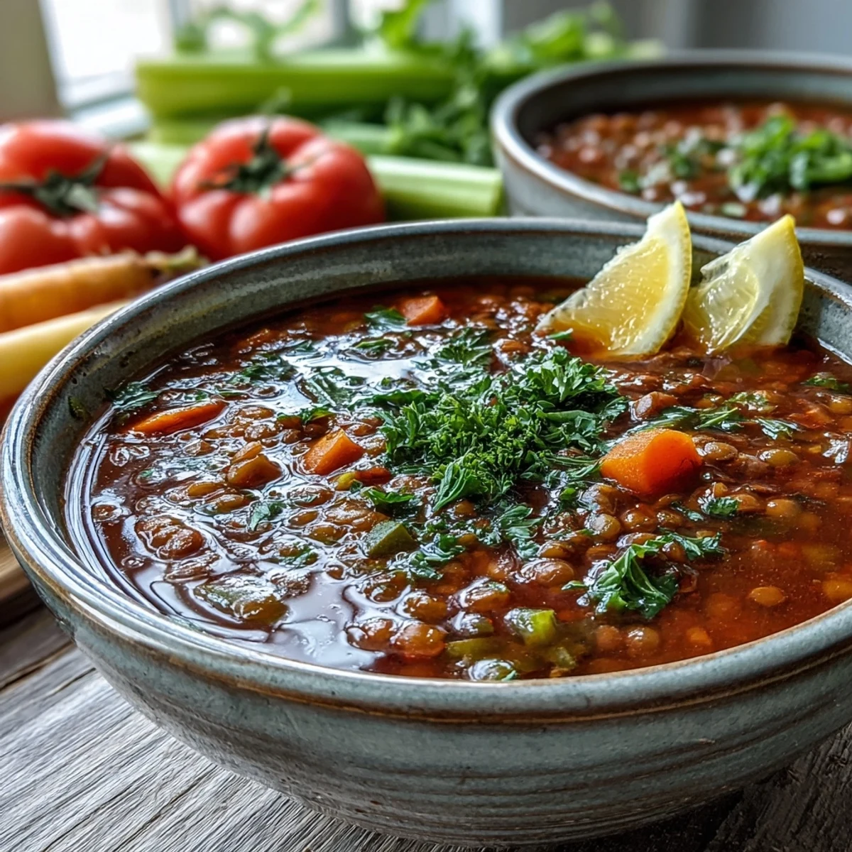 Steaming Tomato Lentil Soup in a rustic bowl, topped with fresh parsley and a lemon wedge.