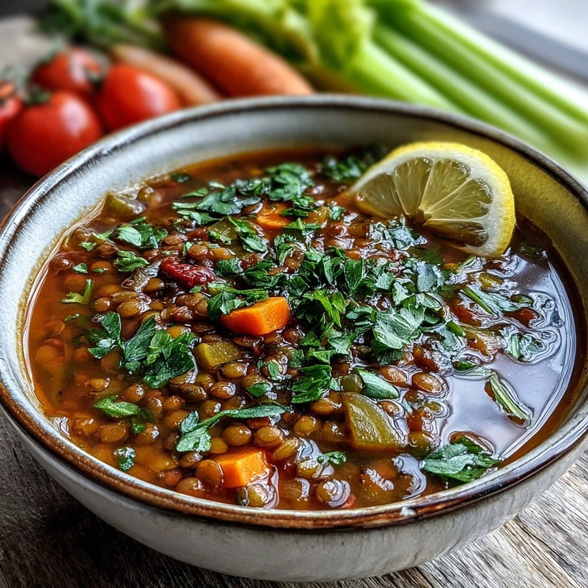 A warm bowl of Tomato Lentil Soup garnished with herbs, ready to serve with crusty bread.