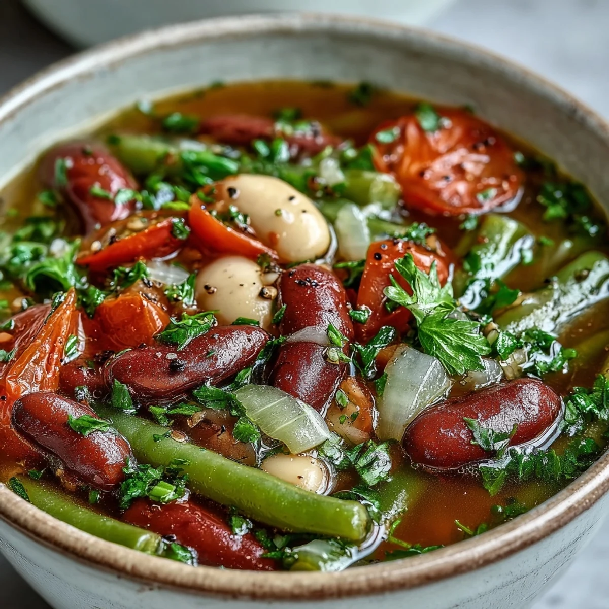 Hot Three-Bean Salad Soup is ladled into a white bowl, featuring kidney beans, cannellini beans, and green beans in a tomato-rich broth, garnished with fresh parsley.