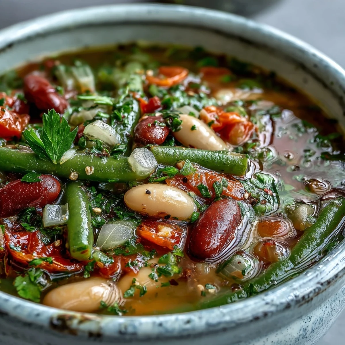 Steaming Three-Bean Salad Soup showcases diced red bell pepper and celery in a tangy broth, with colorful beans visible, ready to be enjoyed with crusty bread.
